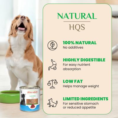 Show full view: Almo Nature HQS Natural Tuna Fillet Canned Dog Food, 9.87-oz can, case of 12 slide 4 of 9
