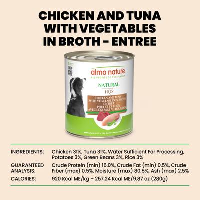 Show full view: Almo Nature HQS Natural Chicken & Tuna with Vegetables Canned Dog Food, 9.87-oz can, case of 12 slide 7 of 10