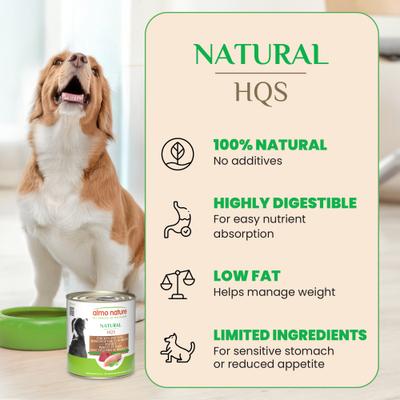 Show full view: Almo Nature HQS Natural Chicken & Tuna with Vegetables Canned Dog Food, 9.87-oz can, case of 12 slide 4 of 10