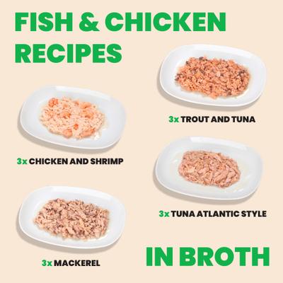 Show full view: Almo Nature HQS Natural Atlantic Tuna, Mackerel, Chicken & Shrimp, Trout & Tuna Variety Pack Canned Cat Food, 2.47-oz, case of 12 slide 4 of 13