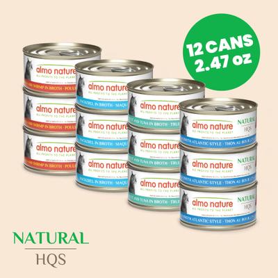 Show full view: Almo Nature HQS Natural Atlantic Tuna, Mackerel, Chicken & Shrimp, Trout & Tuna Variety Pack Canned Cat Food, 2.47-oz, case of 12 slide 3 of 13