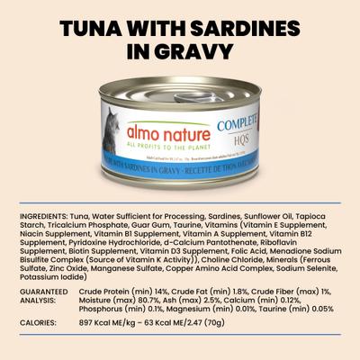 Show full view: Almo Nature HQS Complete Tuna with Sardine Grain-Free Canned Cat Food, 2.47-oz, case of 12 slide 7 of 9