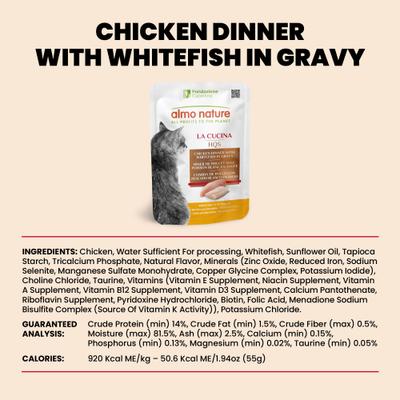Show full view: Almo Nature HQS La Cucina Chicken with Whitefish Grain-Free Cat Food Pouches, 1.94-oz, case of 12 slide 7 of 11