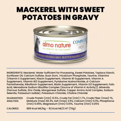 Show full view: Almo Nature HQS Complete Mackerel Recipe with Sweet Potatoes Grain-Free Canned Cat Food, 2.47-oz, case of 12 slide 7 of 10