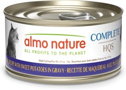 Almo Nature HQS Complete Mackerel Recipe with Sweet Potatoes Grain-Free Canned Cat Food, 2.47-oz, case of 12
