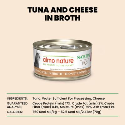 Show full view: Almo Nature HQS Natural Tuna & Cheese in Broth Grain-Free Canned Cat Food, 2.47-oz, case of 24 slide 7 of 11