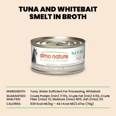 Show full view: Almo Nature HQS Natural Tuna & Whitebait Smelt in Broth Grain-Free Canned Cat Food, 2.47-oz, case of 24 slide 7 of 11