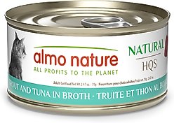 Almo Nature HQS Natural Trout & Tuna in Broth Grain-Free Canned Cat Food, 2.47-oz, case of 24