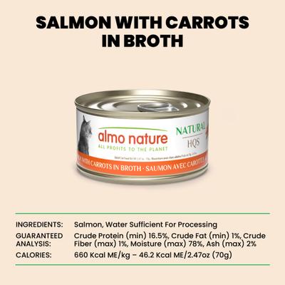 Show full view: Almo Nature HQS Natural Salmon with Carrots in Broth Grain-Free Canned Cat Food, 2.47-oz, case of 24 slide 7 of 11