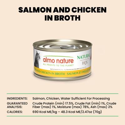 Show full view: Almo Nature HQS Natural Salmon & Chicken in Broth Grain-Free Canned Cat Food, 2.47-oz, case of 24 slide 7 of 12