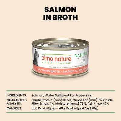 Show full view: Almo Nature HQS Natural Salmon in Broth Grain-Free Canned Cat Food, 2.47-oz, case of 24 slide 7 of 11