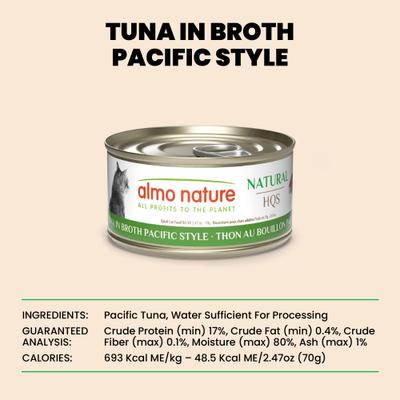 Show full view: Almo Nature HQS Natural Tuna in Broth Pacific Style Grain-Free Canned Cat Food, 2.47-oz, case of 24 slide 7 of 11