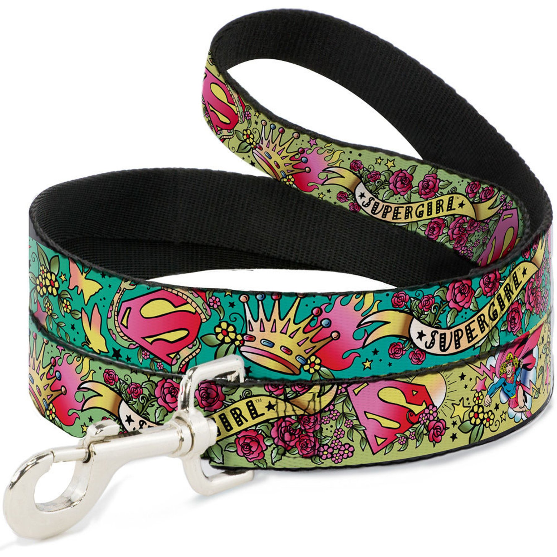 Buckle-Down DC Comics Supergirl Tattoo Scene Polyester Dog Leash, Green, 4-ft long, 1-in wide