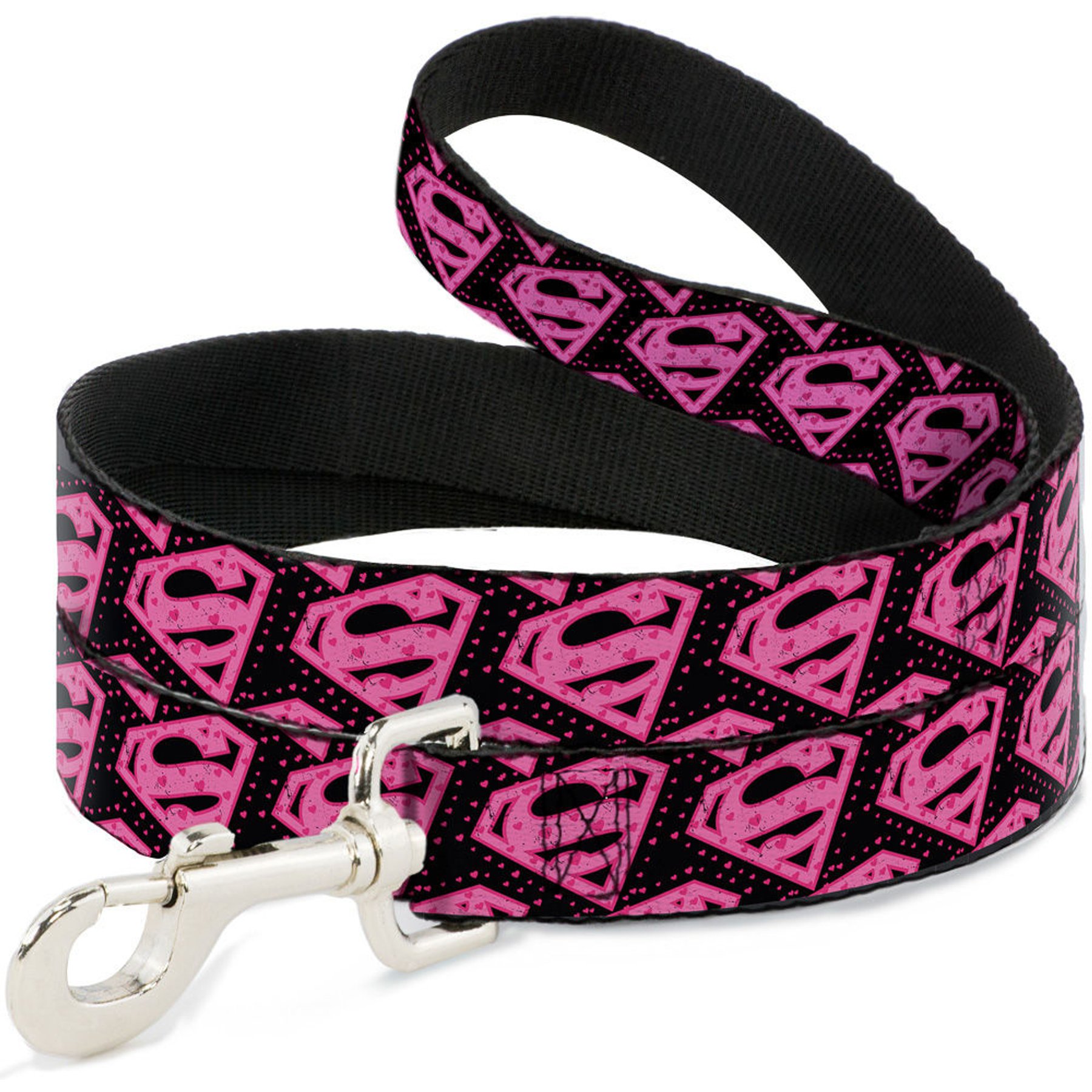 Buckle-Down DC Comics Diagonal Superman Logo Hearts Polyester Dog Leash, Pink, 4-ft long, 1-in wide