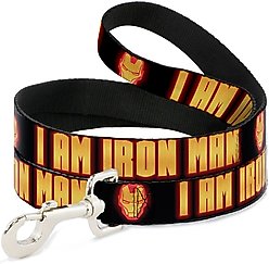 Buckle-Down Marvel Comics Iron Man Face I Am Iron Man Polyester Dog Leash, Yellow, 6-ft long, 1-in wide
