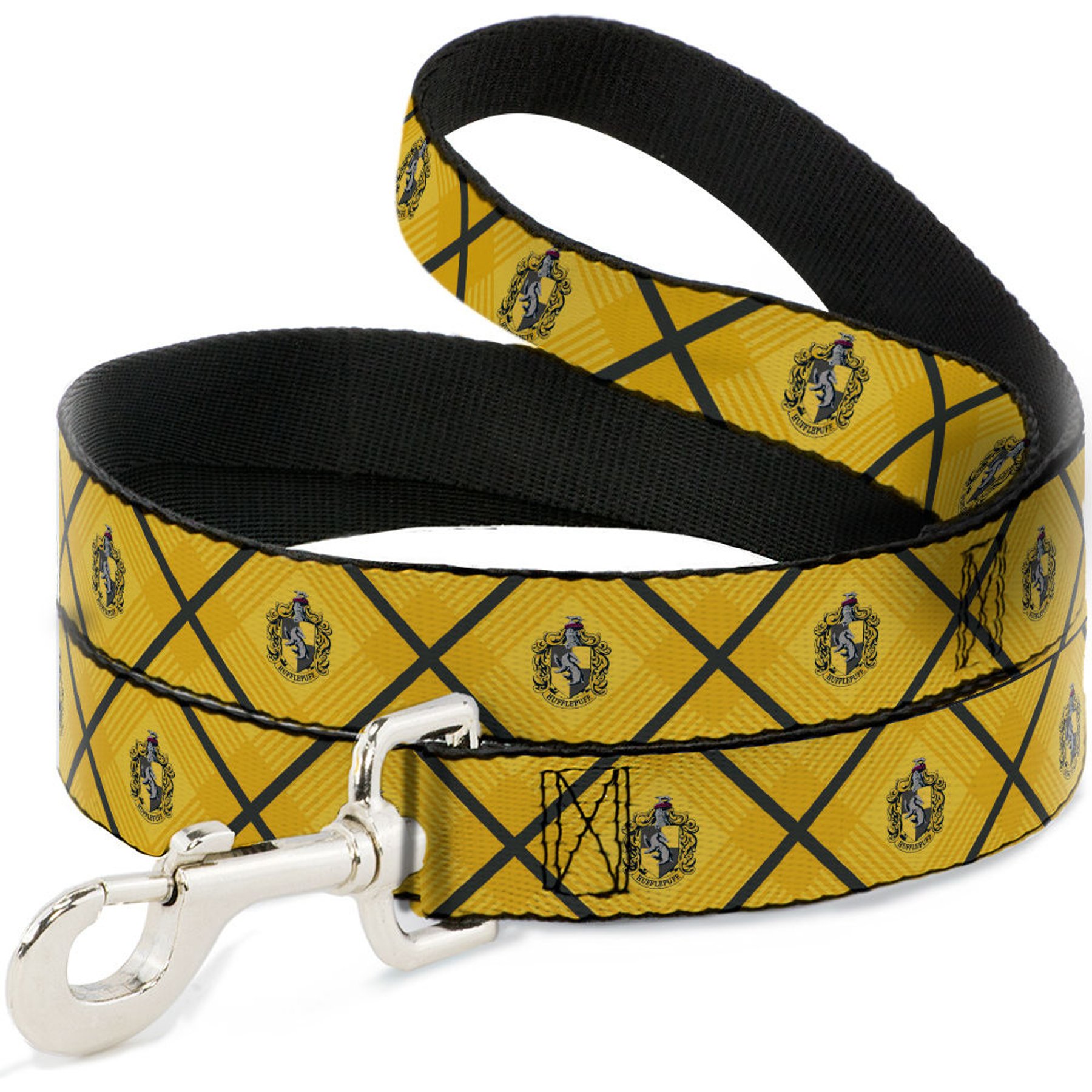 Buckle-Down Harry Potter Hufflepuff Crest Plaid Polyester Dog Leash, Yellow, 4-ft long, 1-in wide