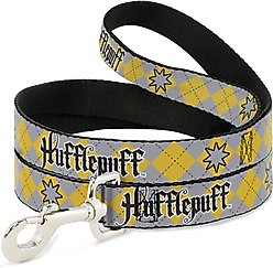 Buckle-Down Warner Bros. Harry Potter Hufflepuff Stars Argyle Plaid Gray Gold Browns Polyester Dog Leash, Yellow, 6-ft long, 1-in wide