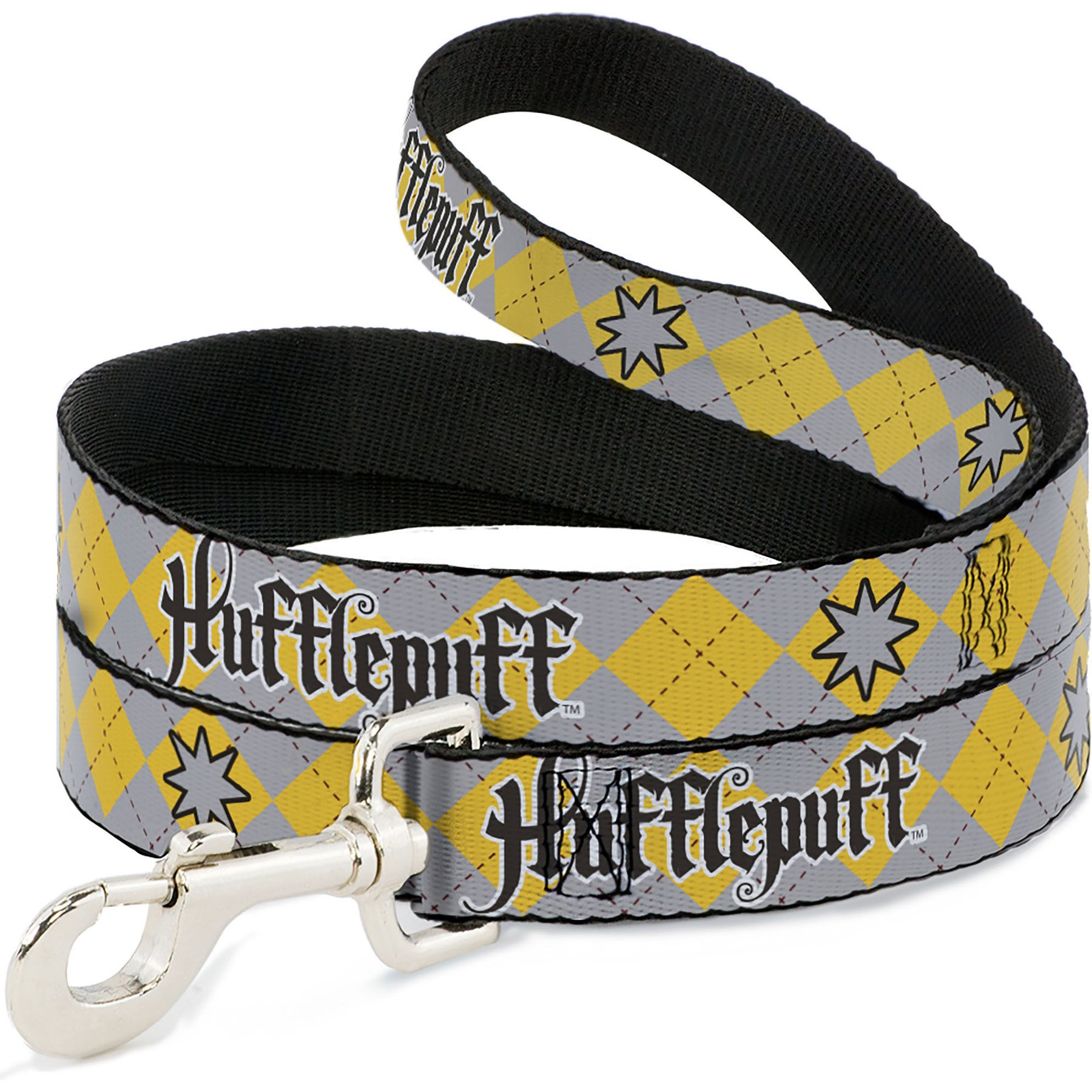 Buckle-Down Warner Bros. Harry Potter Hufflepuff Stars Argyle Plaid Gray Gold Browns Polyester Dog Leash, Yellow, 6-ft long, 1-in wide