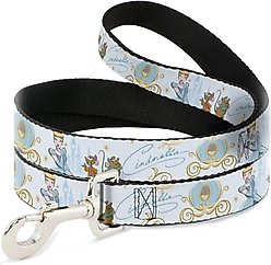 Buckle-Down Disney Cinderella Pumpkin Coach & Mice Pose with Script Polyester Dog Leash, Blue, 6-ft long, 1-in wide