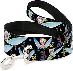 Buckle-Down Disney Glowing Tinker Bell Butterflies Flowers Polyester Dog Leash, Black, 6-ft long, 1-in wide