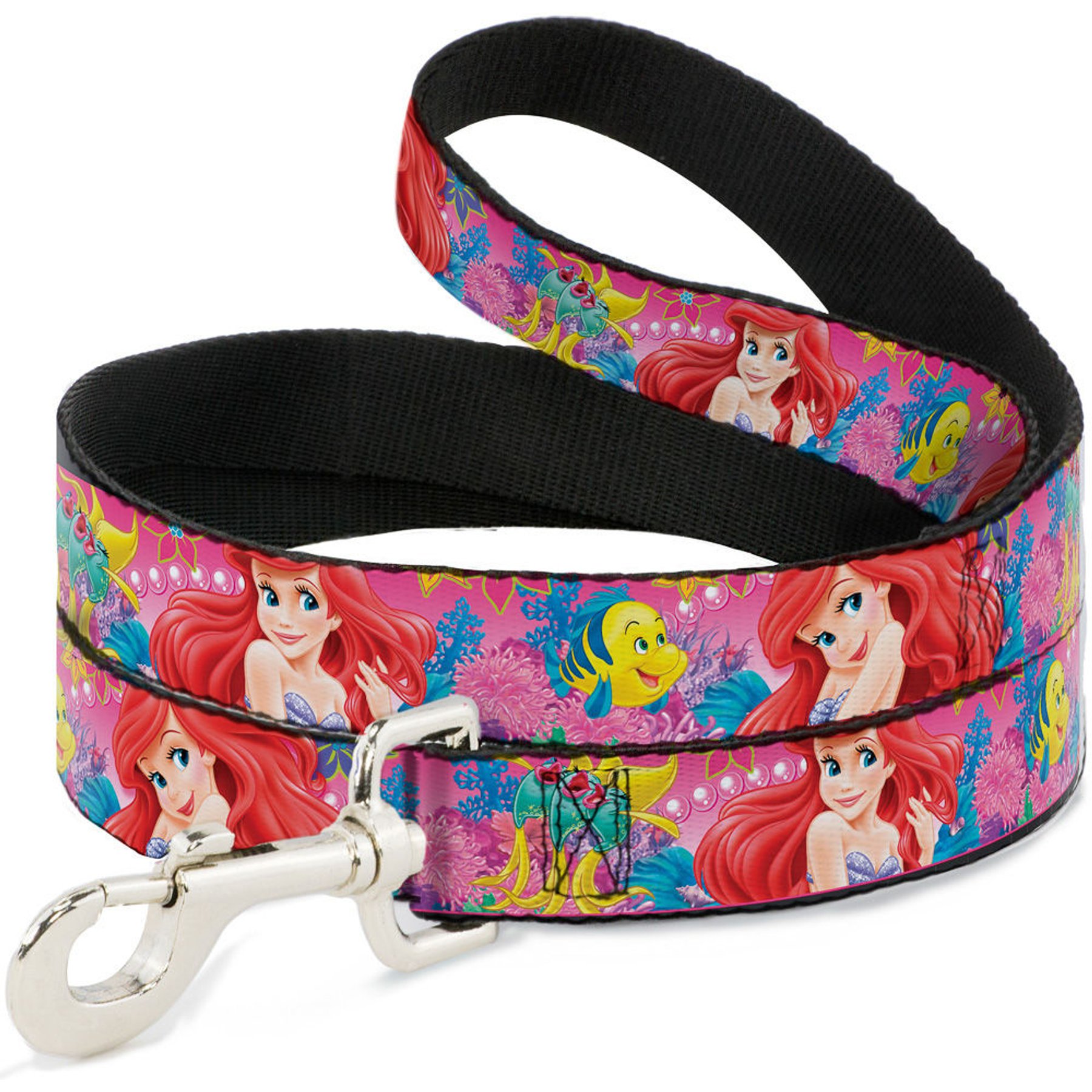 Buckle-Down Disney Ariel Flounder Fish Trio Poses Polyester Dog Leash, Pink, 4-ft long, 1-in wide