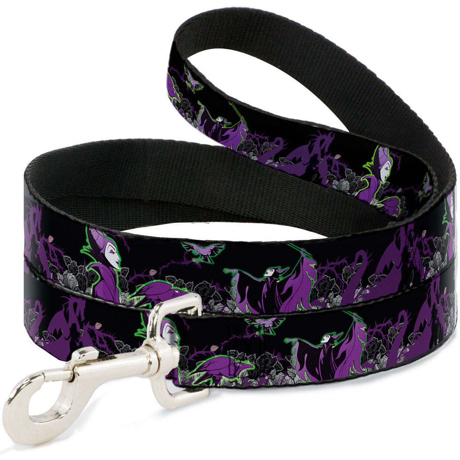Buckle-Down Disney Maleficent Diablo Black Roses Polyester Dog Leash, Purple, 4-ft long, 1-in wide