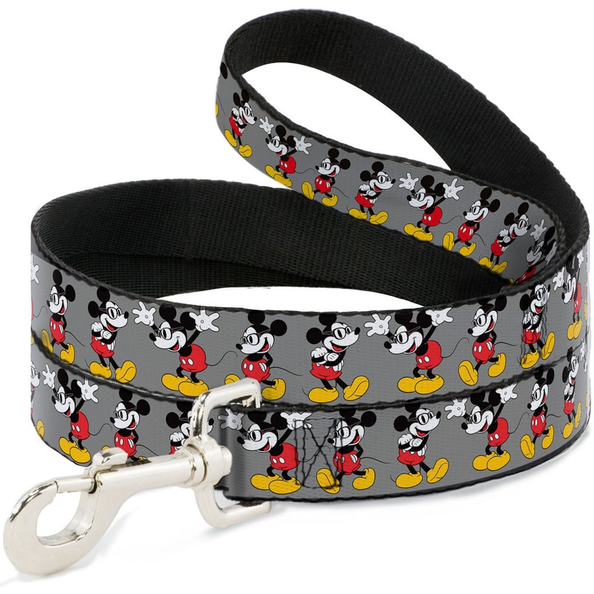 Buckle-Down Mickey Mouse Glasses Poses Polyester Dog Leash, Grey, 6-ft long, 1-in wide