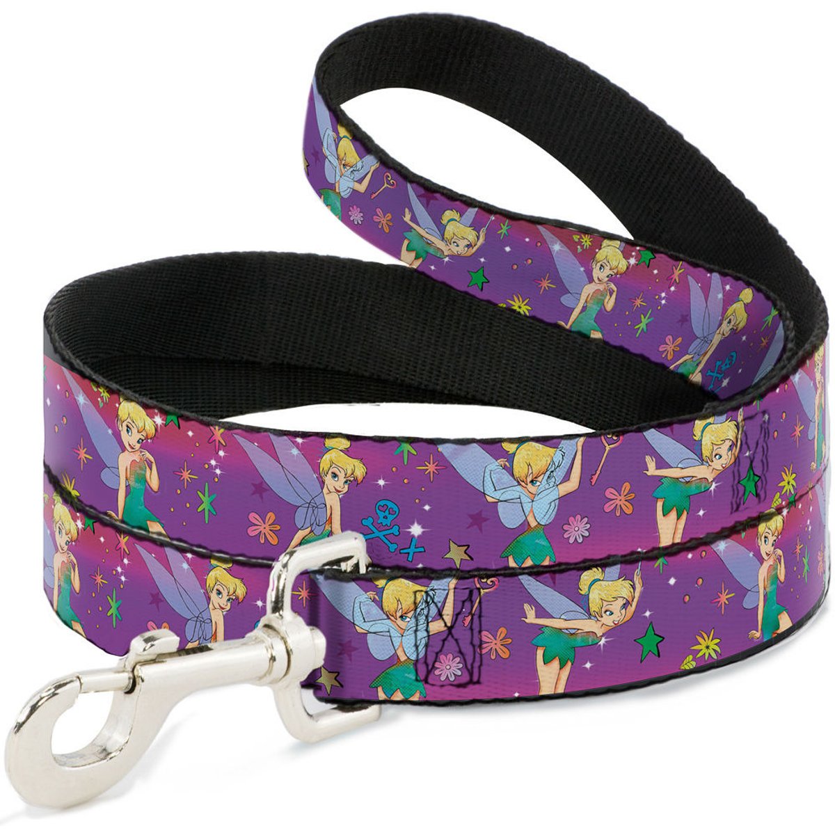 Buckle-Down Tinker Bell Poses Flowers Stars Skull Polyester Dog Leash, Purple, 6-ft long, 1-in wide