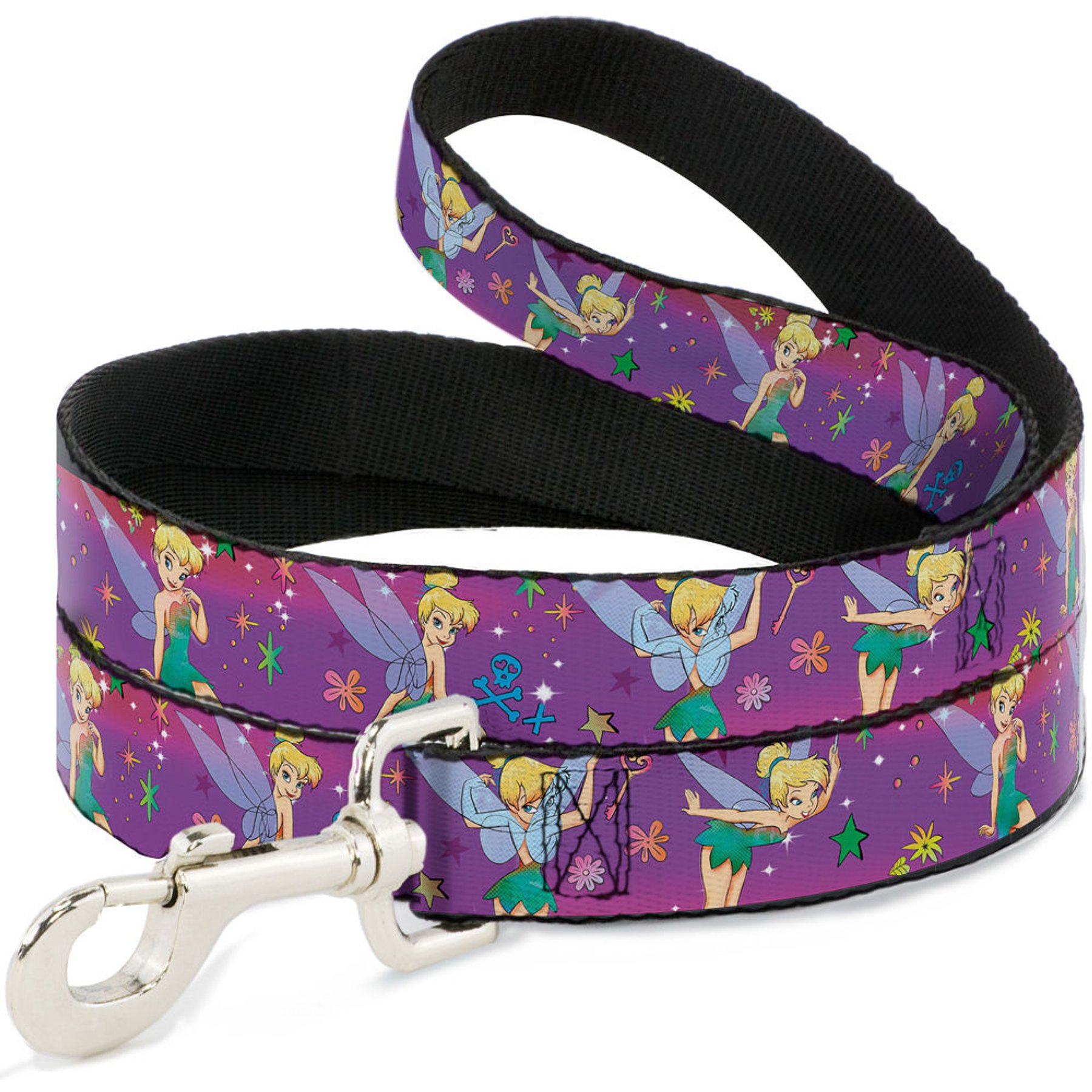 Buckle-Down Tinker Bell Poses Flowers Stars Skull Polyester Dog Leash, Purple, 4-ft long, 1-in wide
