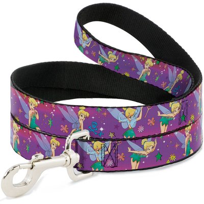 Buckle-Down Buckle-Down Tinker Bell Poses Flowers Stars Skull Polyester Dog Leash, Purple, 6-ft long, 1-in wide