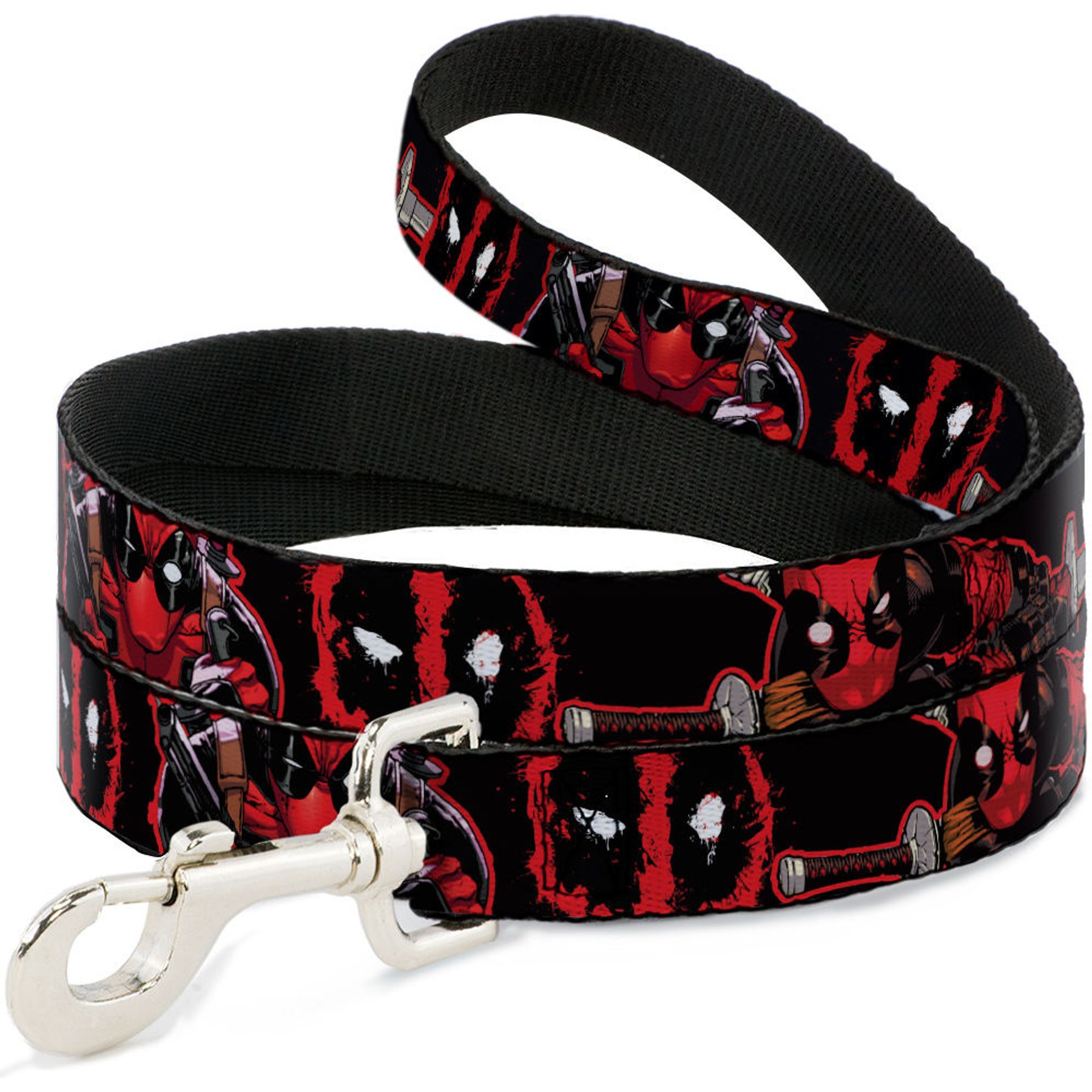 Buckle-Down Marvel Comics Deadpool Action Poses Splatter Logo Polyester Dog Leash, Red, 4-ft long, 1-in wide