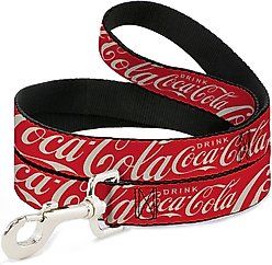 Buckle-Down Drink Coca-Cola Typography Logo Scattered Polyester Dog Leash, Red, 6-ft long, 1-in wide