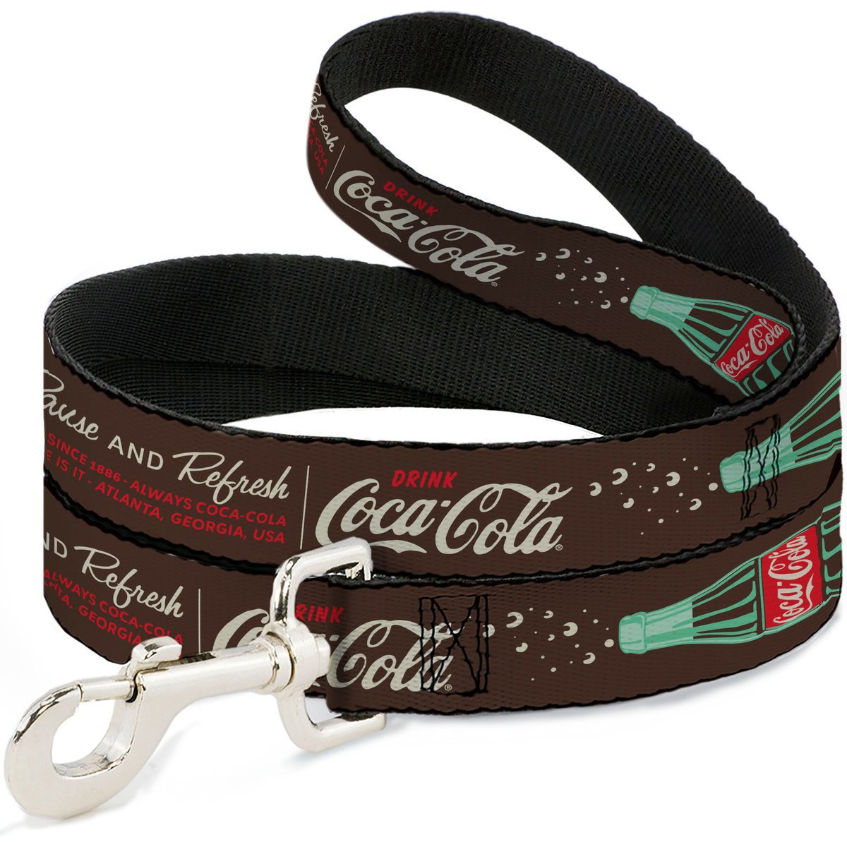 Buckle-Down Drink Coca-Cola Pause & Refresh Bottle Polyester Dog Leash, Brown, 4-ft long, 1-in wide