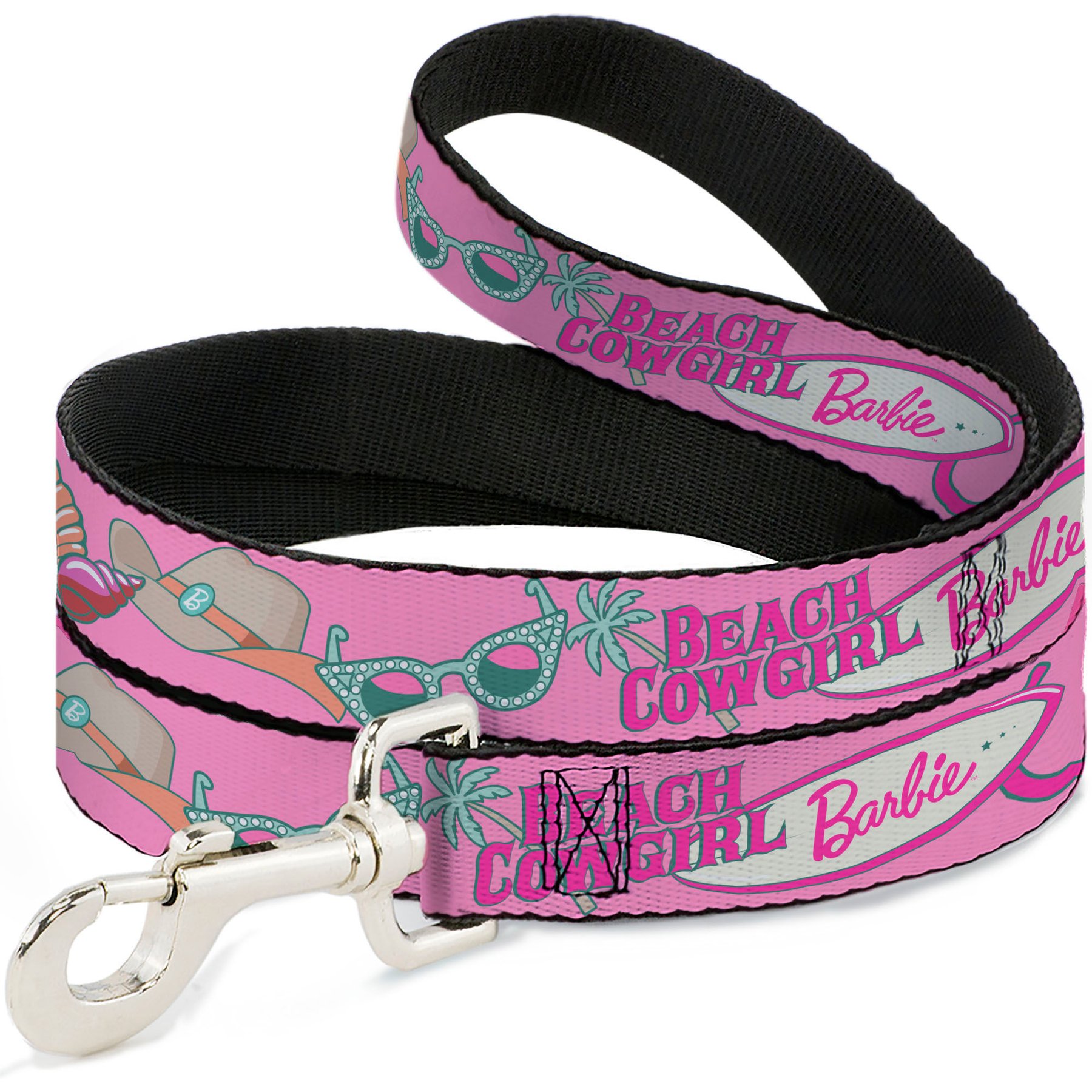 Buckle-Down Mattel Barbie Beach Cowgirl Icons Collage Polyester Dog Leash, Pink, 6-ft long, 1-in wide