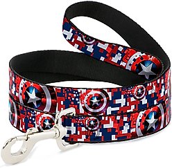 Buckle-Down Marvel Comics Captain America Shield Digital Camo Polyester Dog Leash, Red, 6-ft long, 1-in wide