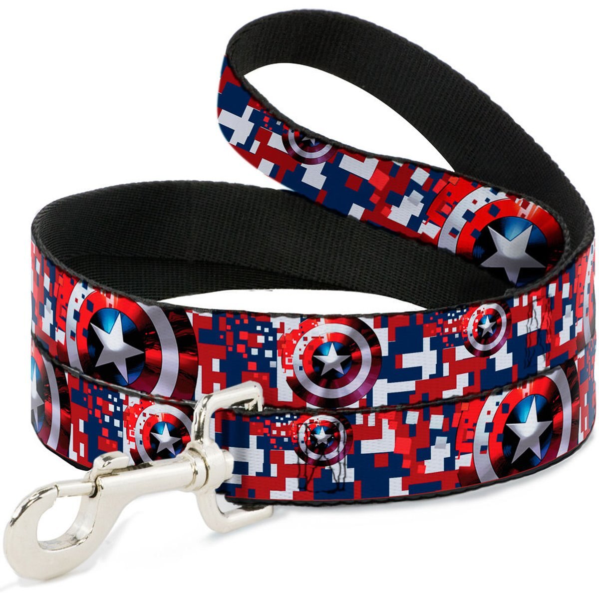 Buckle-Down Marvel Comics Captain America Shield Digital Camo Polyester Dog Leash, Red, 4-ft long, 1-in wide