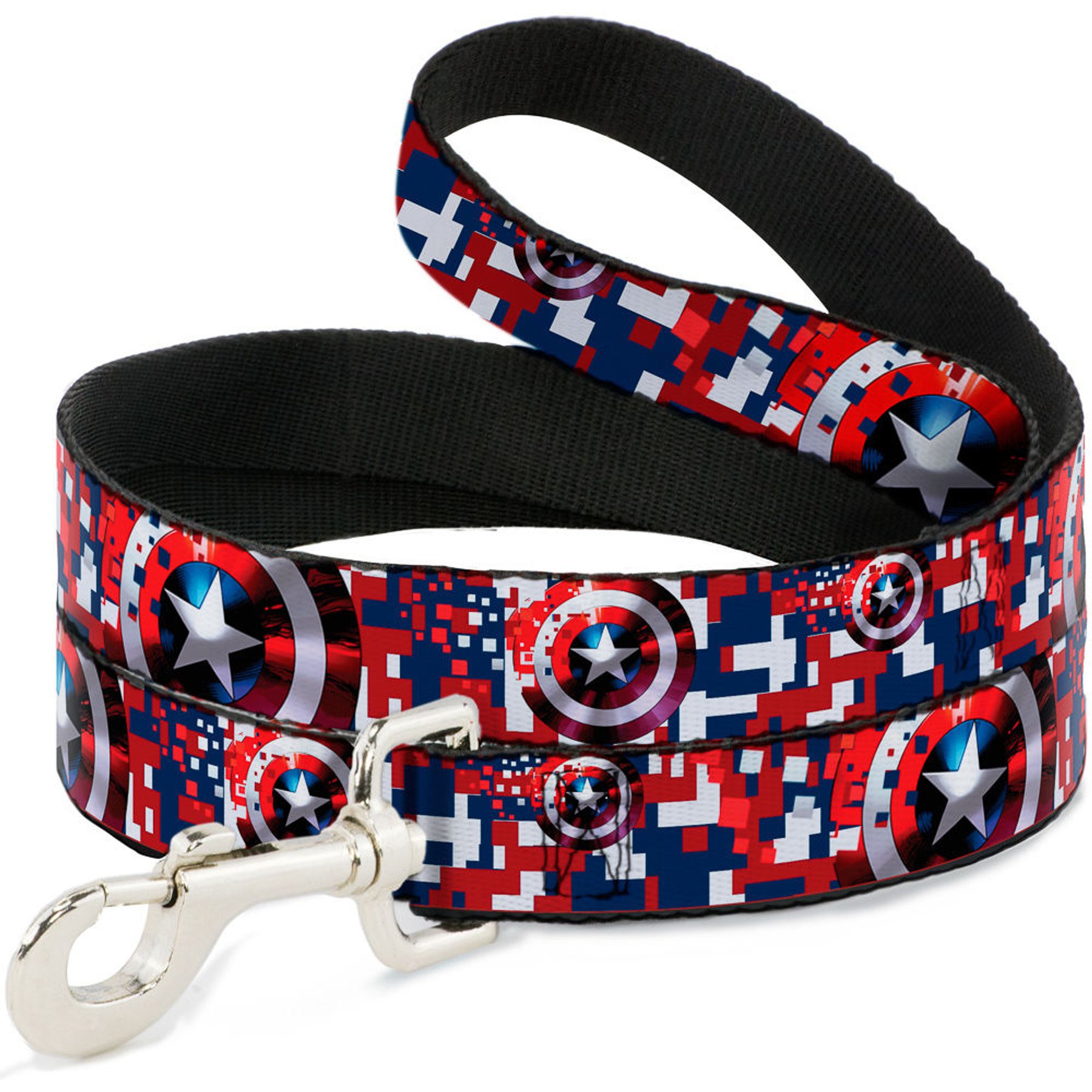 Buckle-Down Marvel Comics Captain America Shield Digital Camo Polyester Dog Leash, Red, 6-ft long, 1-in wide