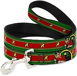 Buckle-Down DC Comics Robin Action Pose Logo Stripe Polyester Dog Leash, 6-ft long, 1-in wide