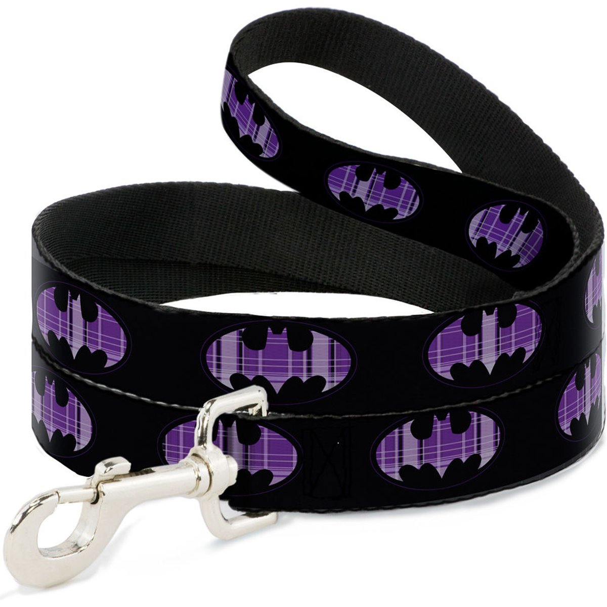 Buckle-Down DC Comics Batman Signal Plaid Polyester Dog Leash, Purple, 4-ft long, 1-in wide
