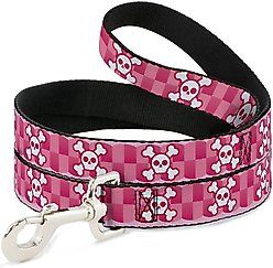 Buckle-Down Cute Skulls Checkers Polyester Dog Leash, Pink, 6-ft long, 1-in wide