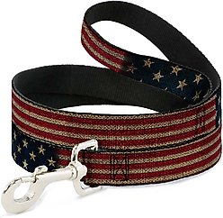 Buckle-Down Vintage US Flag Stretch Polyester Dog Leash, Blue, 6-ft long, 1-in wide