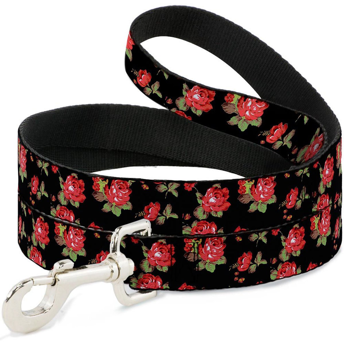 Buckle-Down Red Roses Scattered Polyester Dog Leash, Red, 4-ft long, 1-in wide