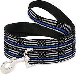 Buckle-Down Thin Blue Line Flag Weathered Polyester Dog Leash, Black, 4-ft long, 1-in wide