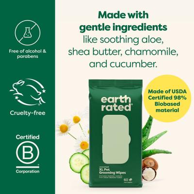 Show full view: Earth Rated 3-in-1 Hypoallergenic Cleaning, Deodorizing & Conditioning Unscented Dog & Cat Grooming Wipes, Green, X-Large: 11 x 12-in, 60 count slide 5 of 8