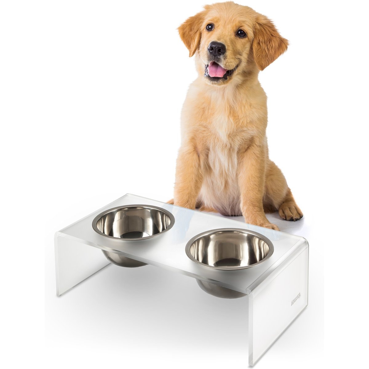 THE LICKER STORE Keaton Modern Lucite Stainless Steel Elevated Dog & Cat Bowls, Moon White/Chrome, Small/Medium: 5-in, 2.5 cup