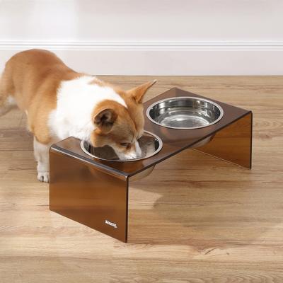 Show full view: THE LICKER STORE Keaton Modern Lucite Stainless Steel Elevated Dog & Cat Bowls, Amber/Chrome, Medium/Large: 7.5-in, 6.8 cup slide 3 of 7