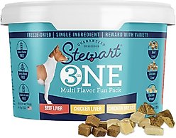 Stewart 3 in 1 Multi Flavor Fun Pack Beef Liver, Chicken Liver & Chicken Breast Freeze-Dried Dog Treats, 9-oz tub