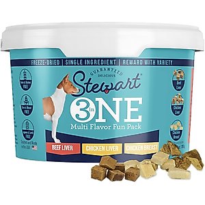 Stewart 3 in 1 Multi Flavor Fun Pack Beef Liver, Chicken Liver & Chicken Breast Freeze-Dried Dog Treats, 9-oz tub