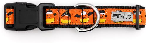 Show full view: The Worthy Dog Candy Corn Ghouls Dog Collar, Orange, Small: 8 to 14-in neck, 5/8-in wide slide 3 of 3