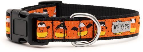 Show full view: The Worthy Dog Candy Corn Ghouls Dog Collar, Orange, Small: 8 to 14-in neck, 5/8-in wide slide 2 of 3